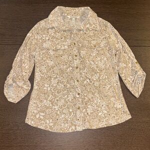 Emily Daniels Women Floral Beige & White Button-Down Shirt Sparkly Size Small